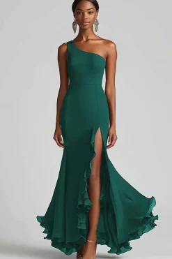 Vestidos Cerimónia com Fenda Chiffon Preto Longo Um Ombro Sereia