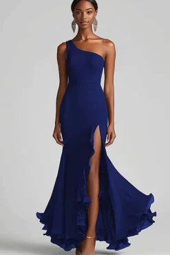 Vestidos Cerimónia com Fenda Chiffon Preto Longo Um Ombro Sereia