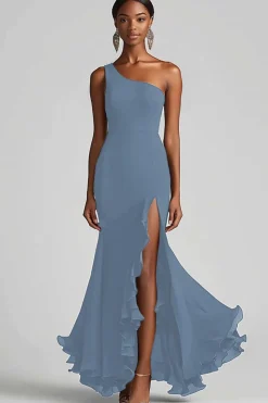Vestidos Cerimónia com Fenda Chiffon Preto Longo Um Ombro Sereia