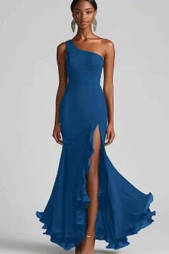Vestidos Cerimónia com Fenda Chiffon Preto Longo Um Ombro Sereia