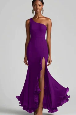 Vestidos Cerimónia com Fenda Chiffon Preto Longo Um Ombro Sereia