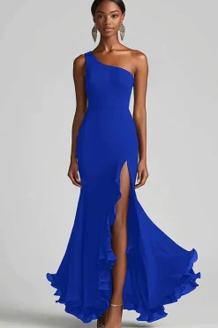 Vestidos Cerimónia com Fenda Chiffon Preto Longo Um Ombro Sereia