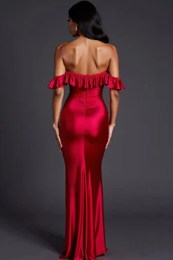 Vestidos Cerimónia com Fenda Vermelho Longo Fora do Ombro Sereia
