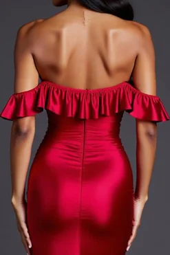 Vestidos Cerimónia com Fenda Vermelho Longo Fora do Ombro Sereia