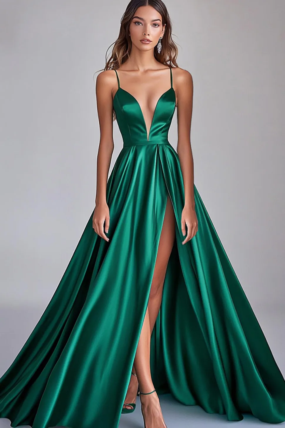 Vestidos Cerimónia com Fenda Longo Verde Escuro Linha-A Cetim