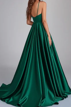 Vestidos Cerimónia com Fenda Longo Verde Escuro Linha-A Cetim