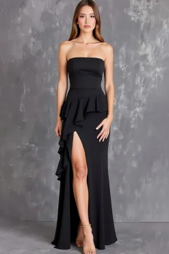 Vestidos Cerimónia com Fenda Preto Longo Sem Alças Babado