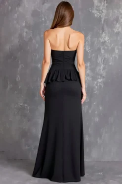 Vestidos Cerimónia com Fenda Preto Longo Sem Alças Babado
