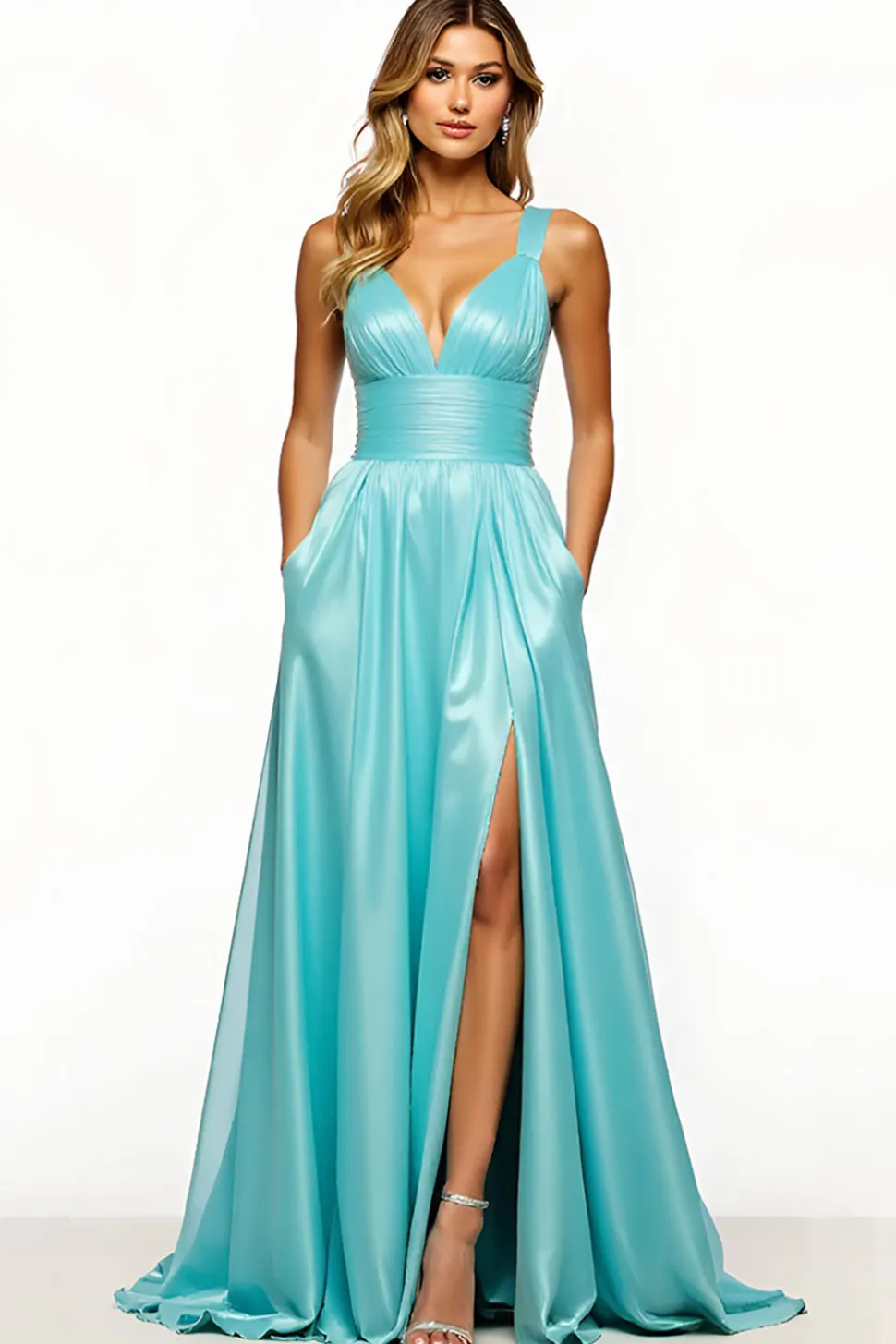 Vestidos Cerimónia com Fenda Decote em V Azul Linha-A Longo