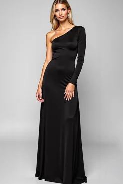 Vestidos Cerimónia com Mangas Bainha Preta Um Ombro Cetim Longo
