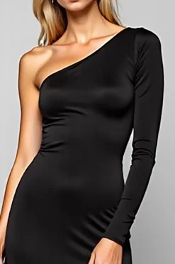 Vestidos Cerimónia com Mangas Bainha Preta Um Ombro Cetim Longo