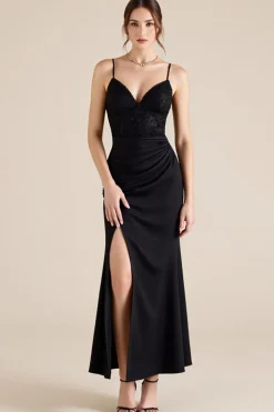 Vestidos Cerimónia com Renda Sereia Preto Cetim Longo Alças Finas