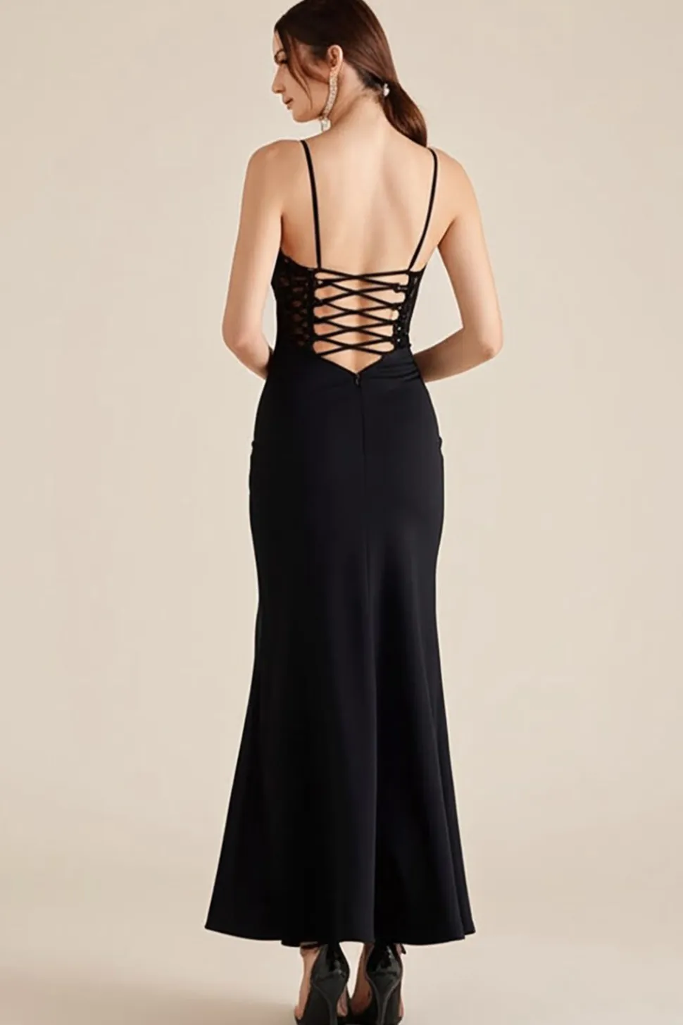 Vestidos Cerimónia com Renda Sereia Preto Cetim Longo Alças Finas