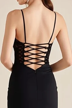 Vestidos Cerimónia com Renda Sereia Preto Cetim Longo Alças Finas