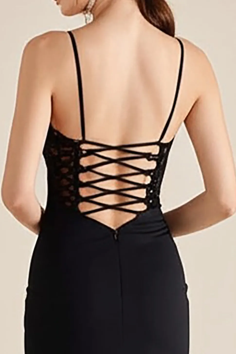 Vestidos Cerimónia com Renda Sereia Preto Cetim Longo Alças Finas