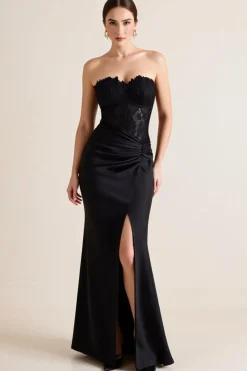 Vestidos Cerimónia com Renda Sereia Preto Sem Alças Cetim Longo