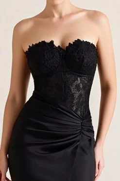 Vestidos Cerimónia com Renda Sereia Preto Sem Alças Cetim Longo
