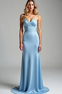 Vestidos Cerimónia Céu Azul Bainha Decote em V Longo