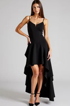 Vestidos Cerimónia Decote em V Preto Linha-A Assimétrico