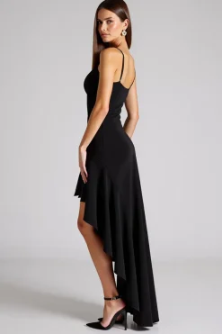 Vestidos Cerimónia Decote em V Preto Linha-A Assimétrico