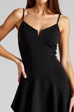 Vestidos Cerimónia Decote em V Preto Linha-A Assimétrico