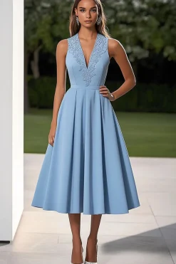 Vestidos Cerimónia Decote em V Azul Céu Midi Linha-A Cetim