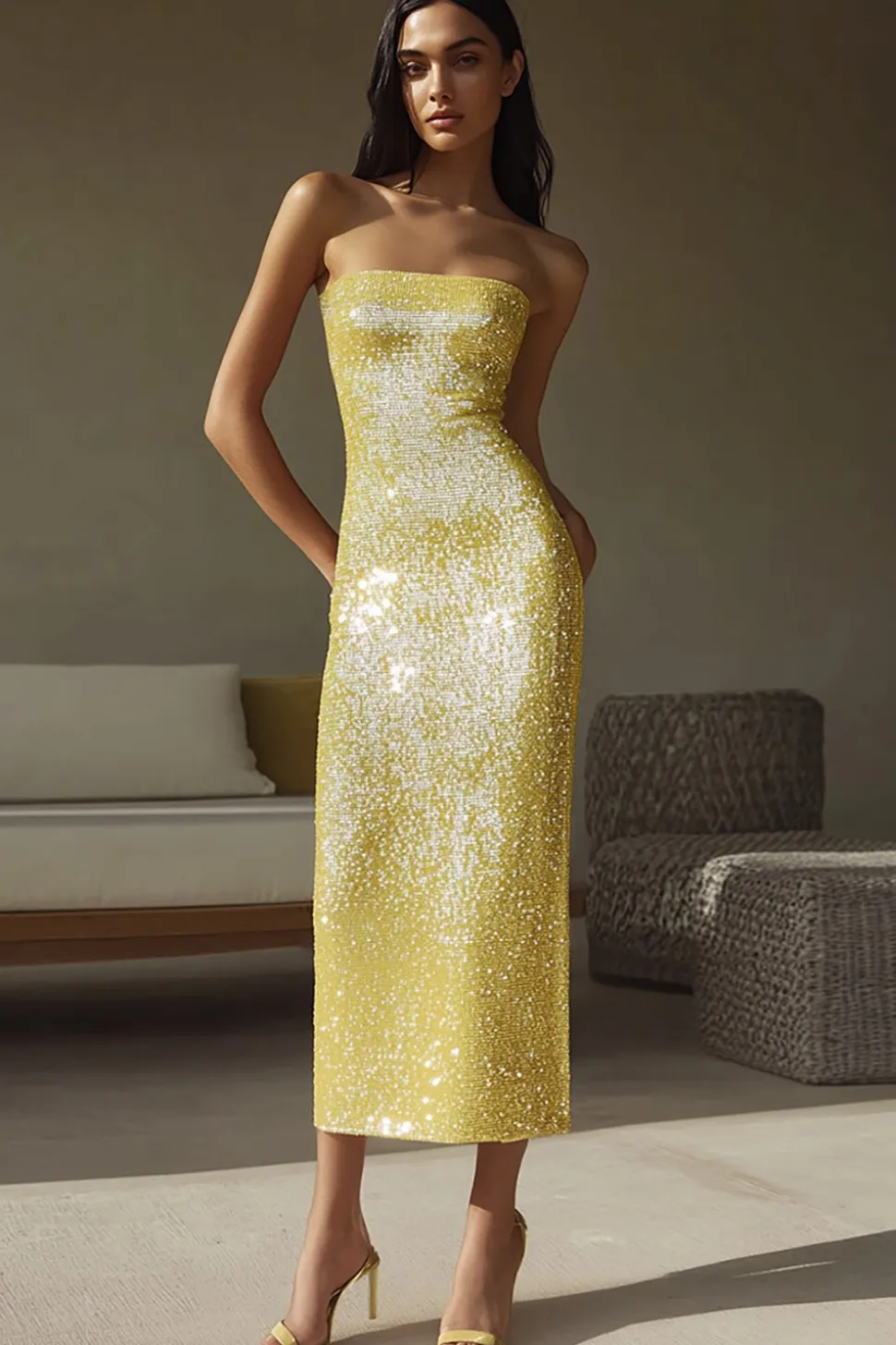 Vestidos Cerimónia Lantejoulas Amarelo Sem Alças Bainha Longo