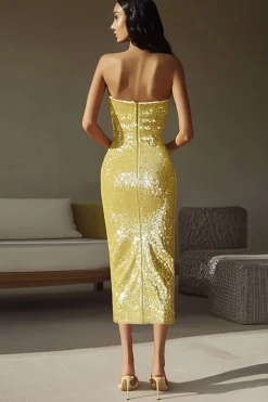 Vestidos Cerimónia Lantejoulas Amarelo Sem Alças Bainha Longo