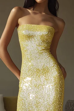 Vestidos Cerimónia Lantejoulas Amarelo Sem Alças Bainha Longo