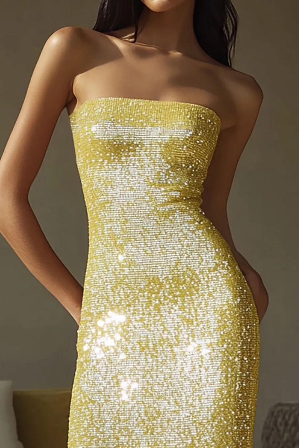 Vestidos Cerimónia Lantejoulas Amarelo Sem Alças Bainha Longo