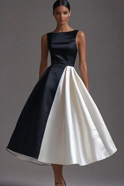 Vestidos Cerimónia Linha-A Midi Preto Branco Cetim Pescoço de Barco