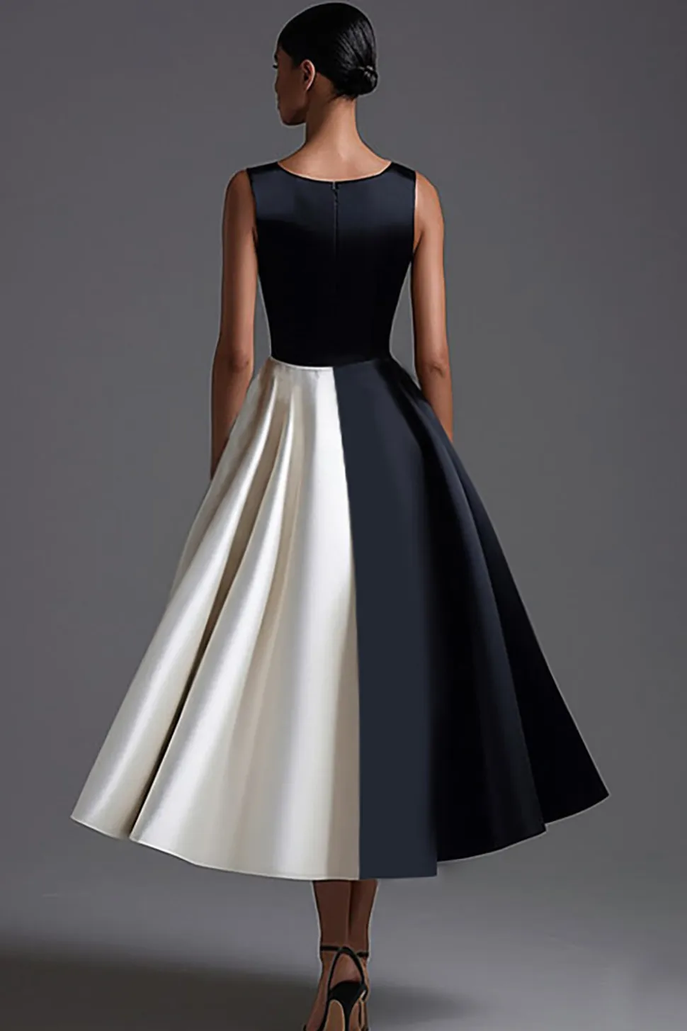 Vestidos Cerimónia Linha-A Midi Preto Branco Cetim Pescoço de Barco