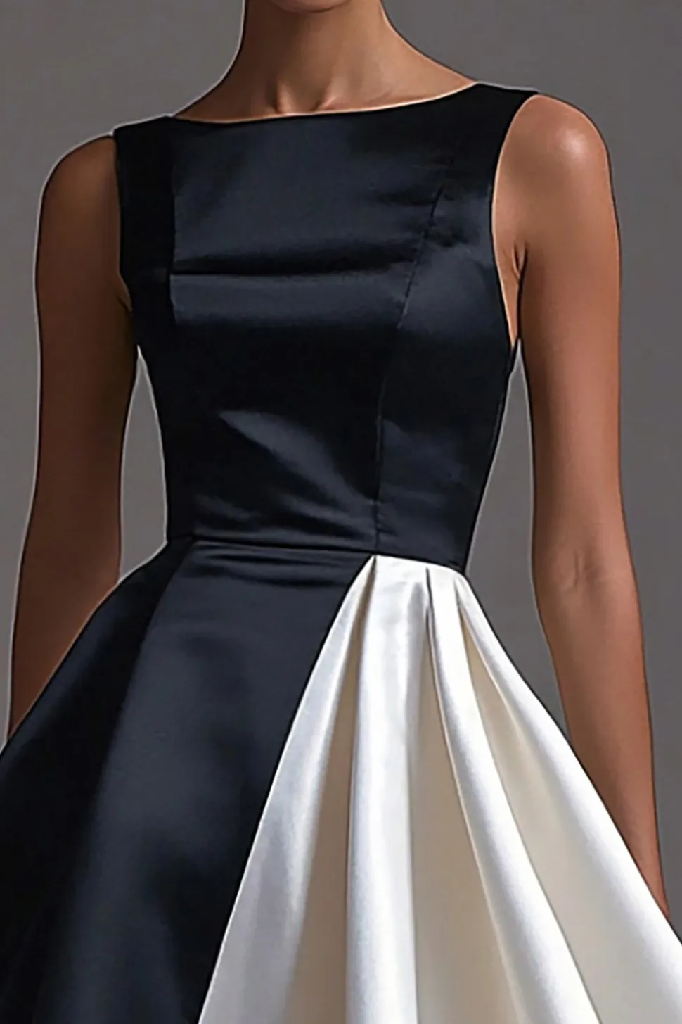 Vestidos Cerimónia Linha-A Midi Preto Branco Cetim Pescoço de Barco