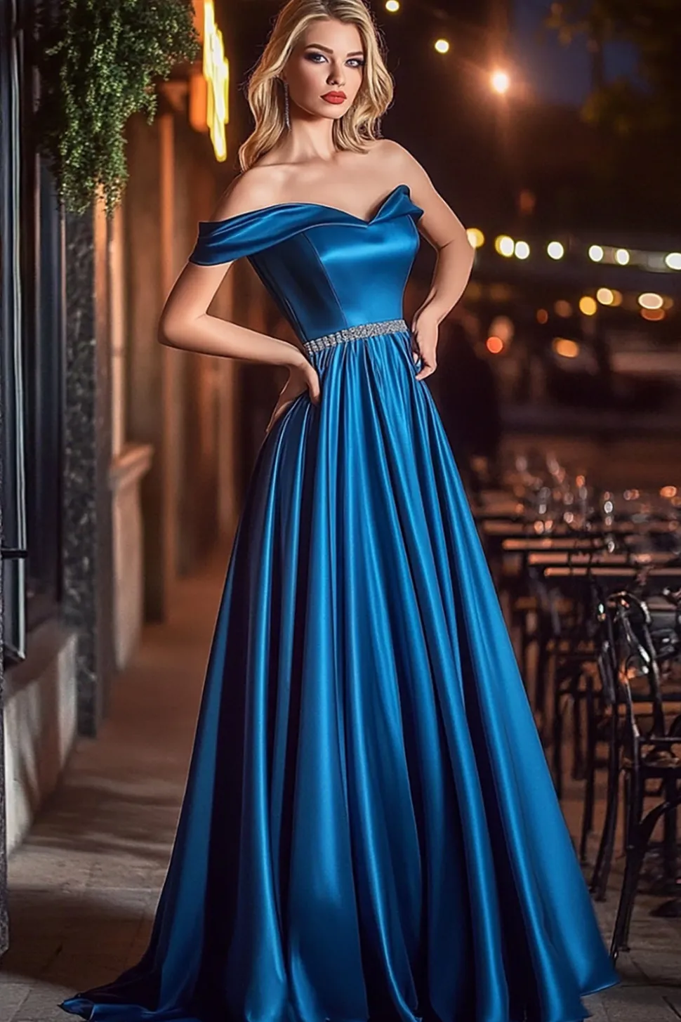 Vestidos Cerimónia Longo Azul Real Linha-A Fora do Ombro Cetim