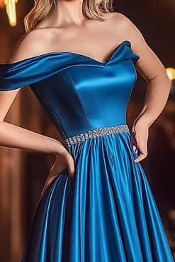 Vestidos Cerimónia Longo Azul Real Linha-A Fora do Ombro Cetim