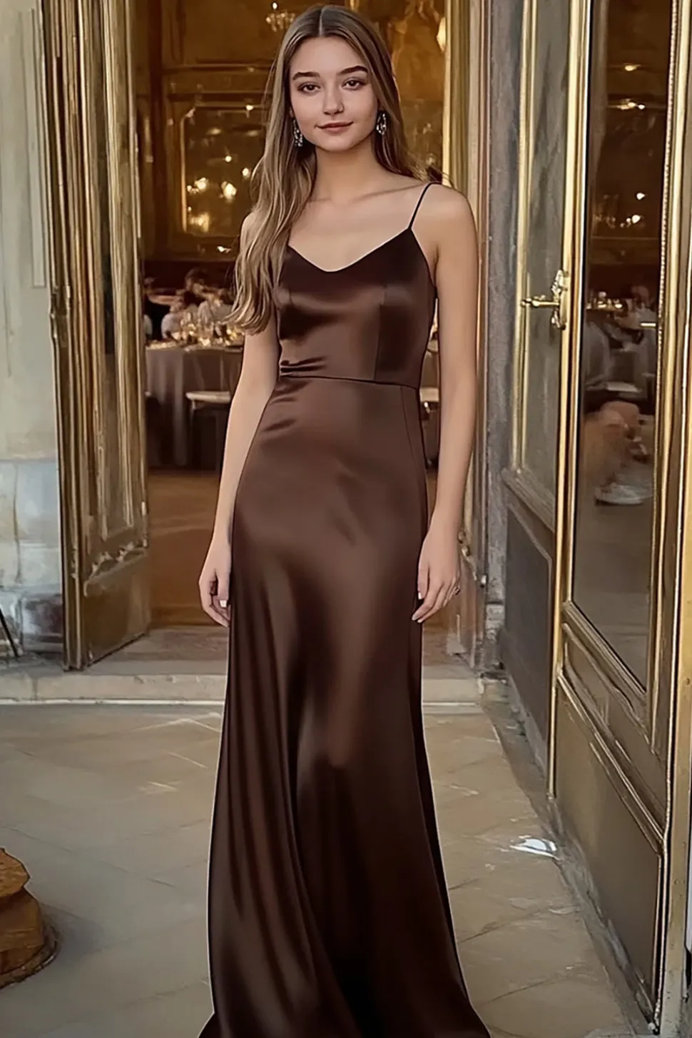 Vestidos Cerimónia Longo Alças Finas Café Cetim Bainha