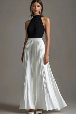 Vestidos Cerimónia Longo Preto Branco Pescoço Alto Plissado Linha-A