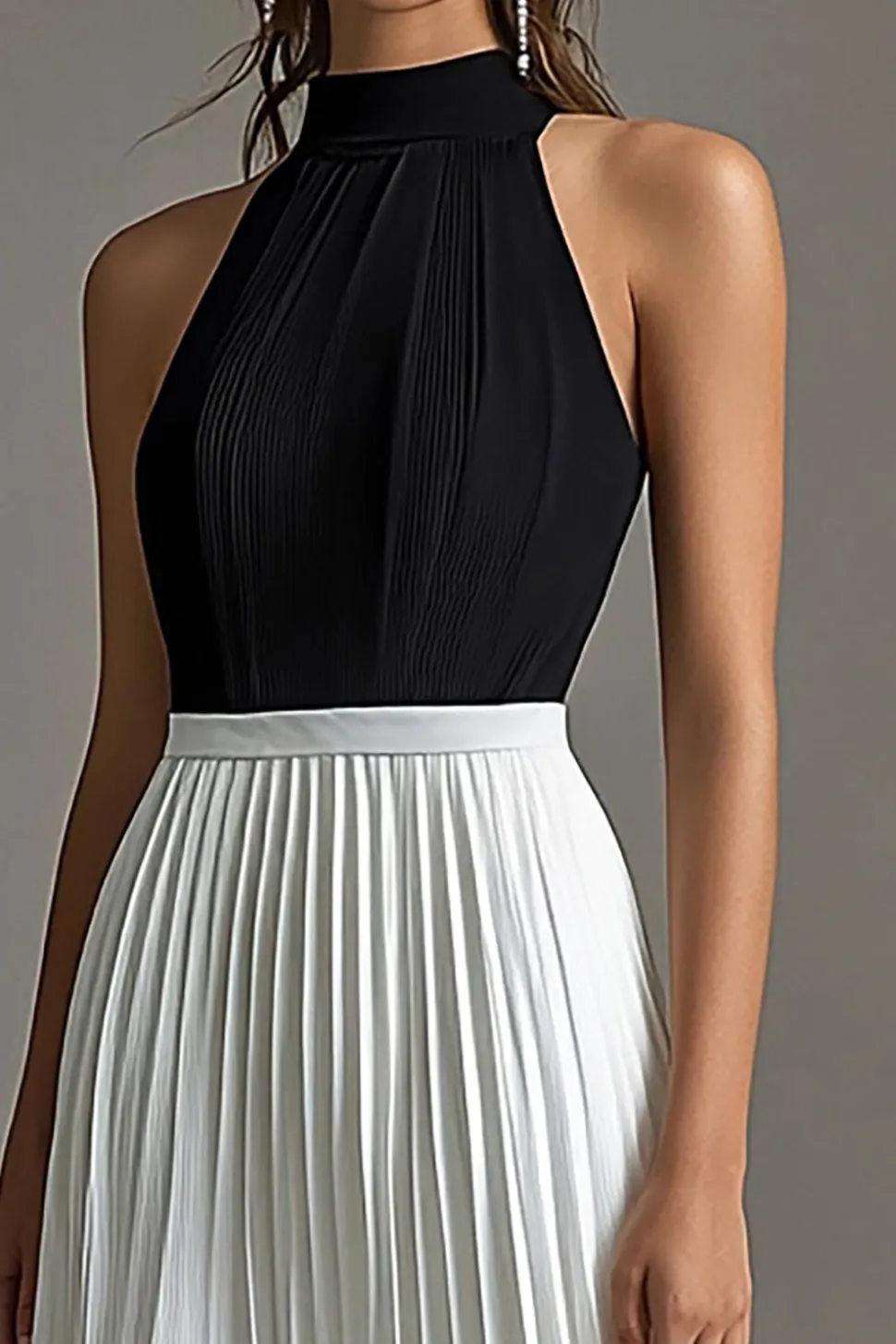 Vestidos Cerimónia Longo Preto Branco Pescoço Alto Plissado Linha-A