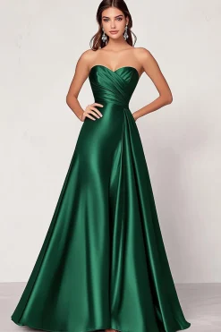 Vestidos Cerimónia Longo Verde Escuro Linha-A Cetim