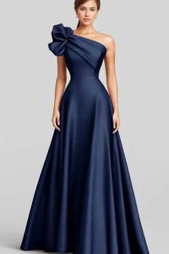 Vestidos Cerimónia Marinha Linha-A Babado Um Ombro Cetim Longo