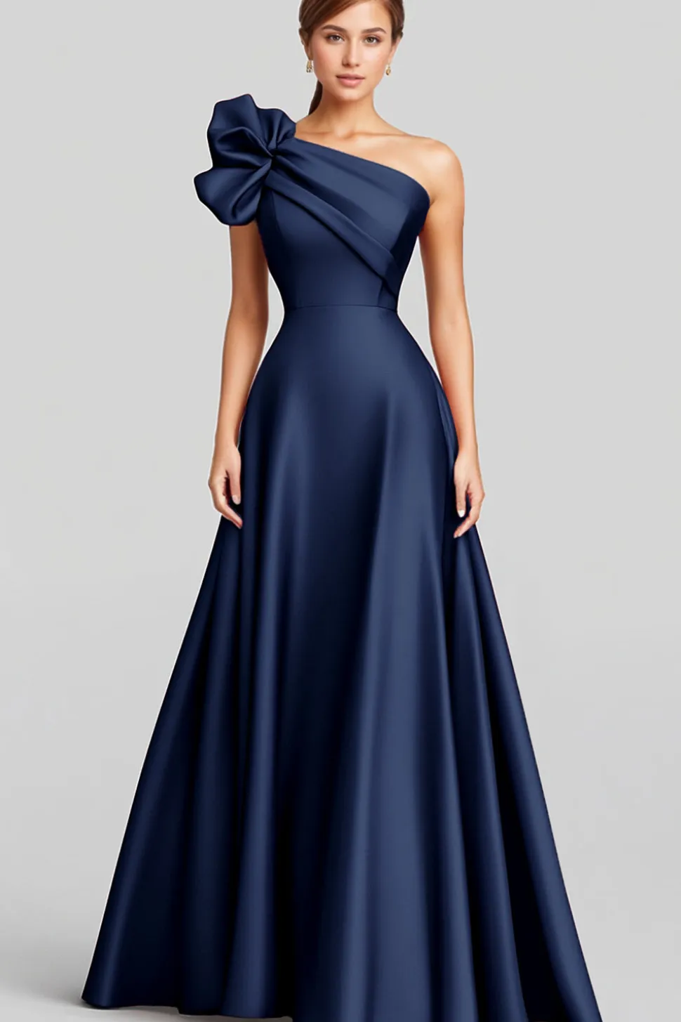 Vestidos Cerimónia Marinha Linha-A Babado Um Ombro Cetim Longo
