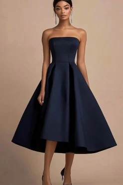 Vestidos Cerimónia Midi Marinha Sem Alças Linha-A Cetim