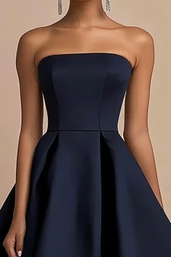 Vestidos Cerimónia Midi Marinha Sem Alças Linha-A Cetim