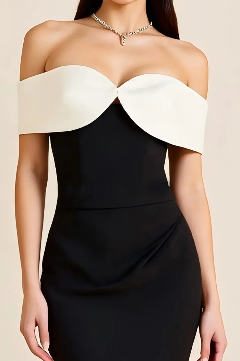 Vestidos Cerimónia Preto Branco Sereia Longo Fora do Ombro Cetim