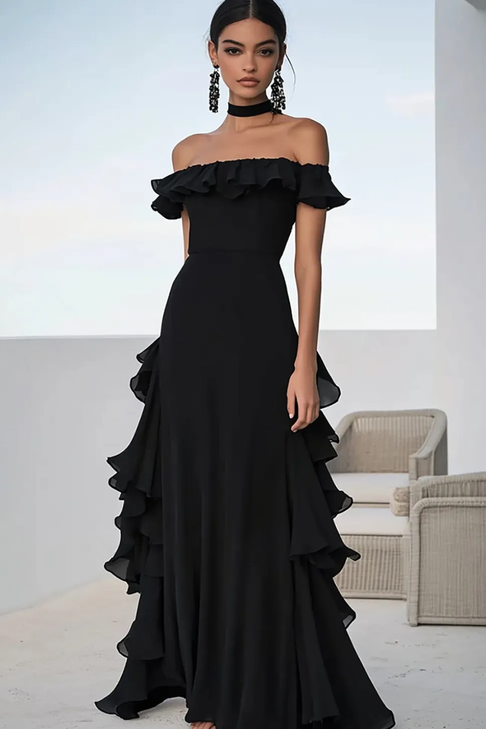 Vestidos Cerimónia Preto Linha-A Chiffon Babado Longo Fora do Ombro