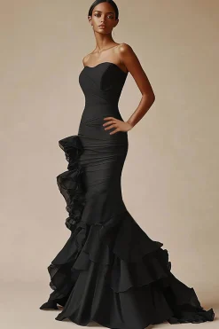 Vestidos Cerimónia Preto Longo Sem Alças Saitn Babado Sereia