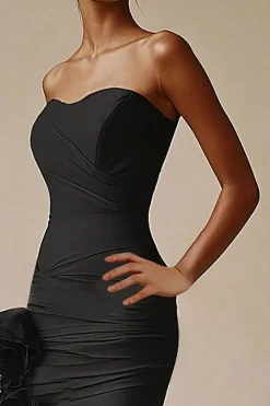 Vestidos Cerimónia Preto Longo Sem Alças Saitn Babado Sereia