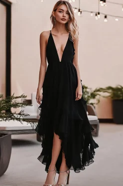Vestidos Cerimónia Preto Linha-A Decote em V Chiffon Assimétrico