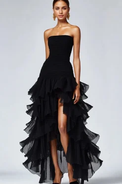 Vestidos Cerimónia Preto Longo Sem Alças Chiffon Tule Assimétrico