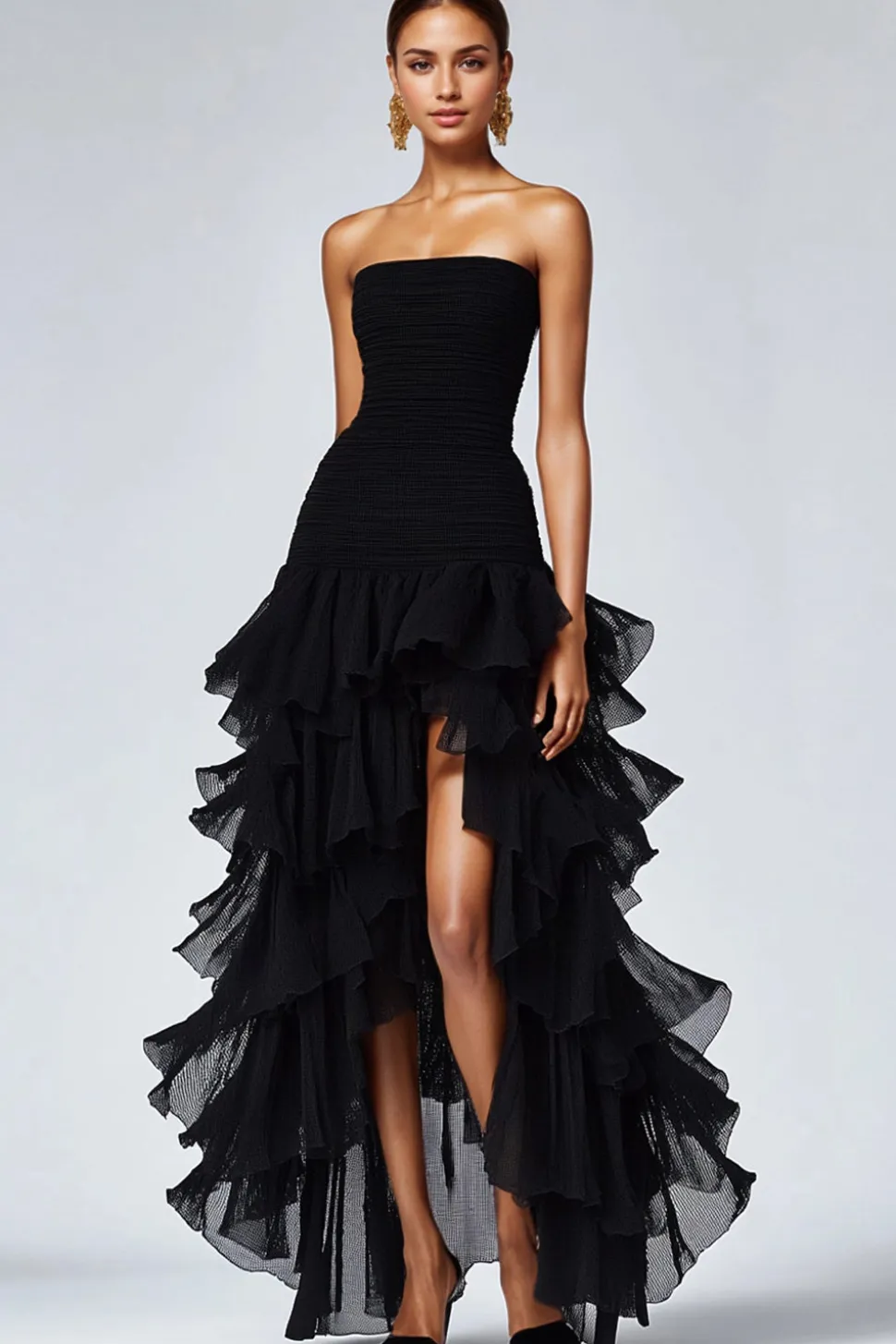 Vestidos Cerimónia Preto Longo Sem Alças Chiffon Tule Assimétrico